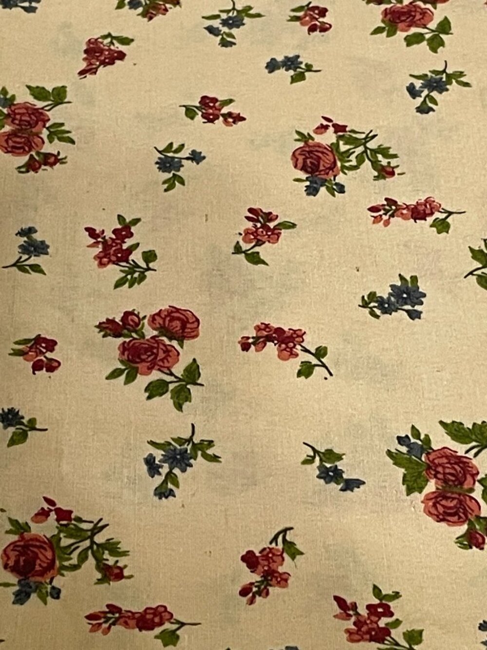 Vintage Pink Roses and Blue Flowers on Beige  Cotton Fabric by the HALF YARD